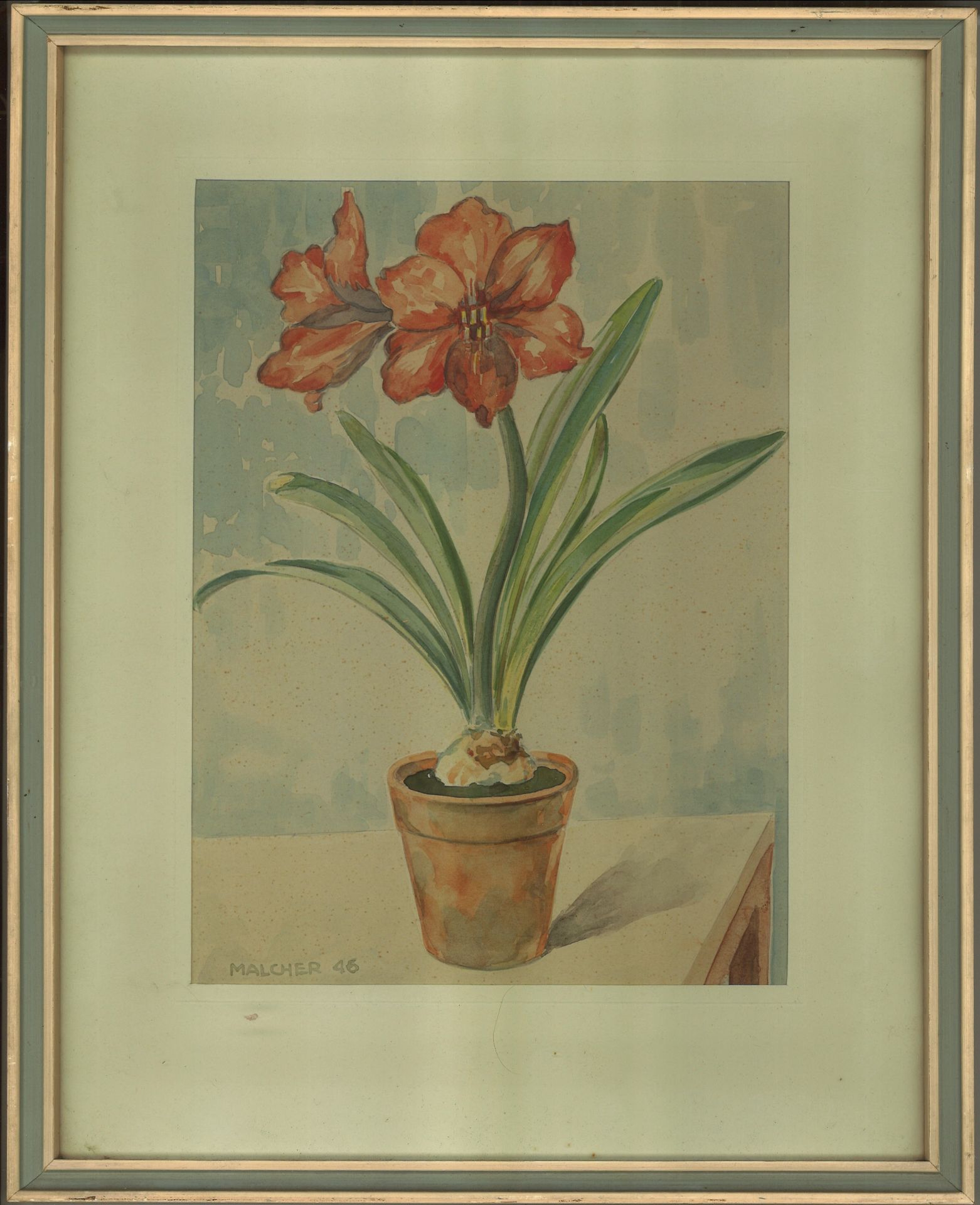 Max Malcher, Hamburg, Aquarell auf Papier "Amaryllis", hinter Glas gerahmt. Links unten Signatur