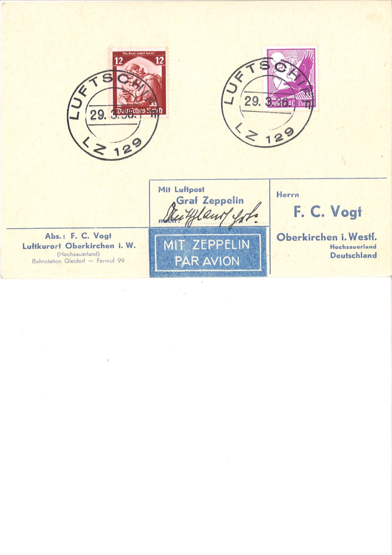 Zeppelinkarte, Bordpost der Deutschlandfahrt mit MiF Flugpostmarke 50 Pfennig. Sieger 402 B