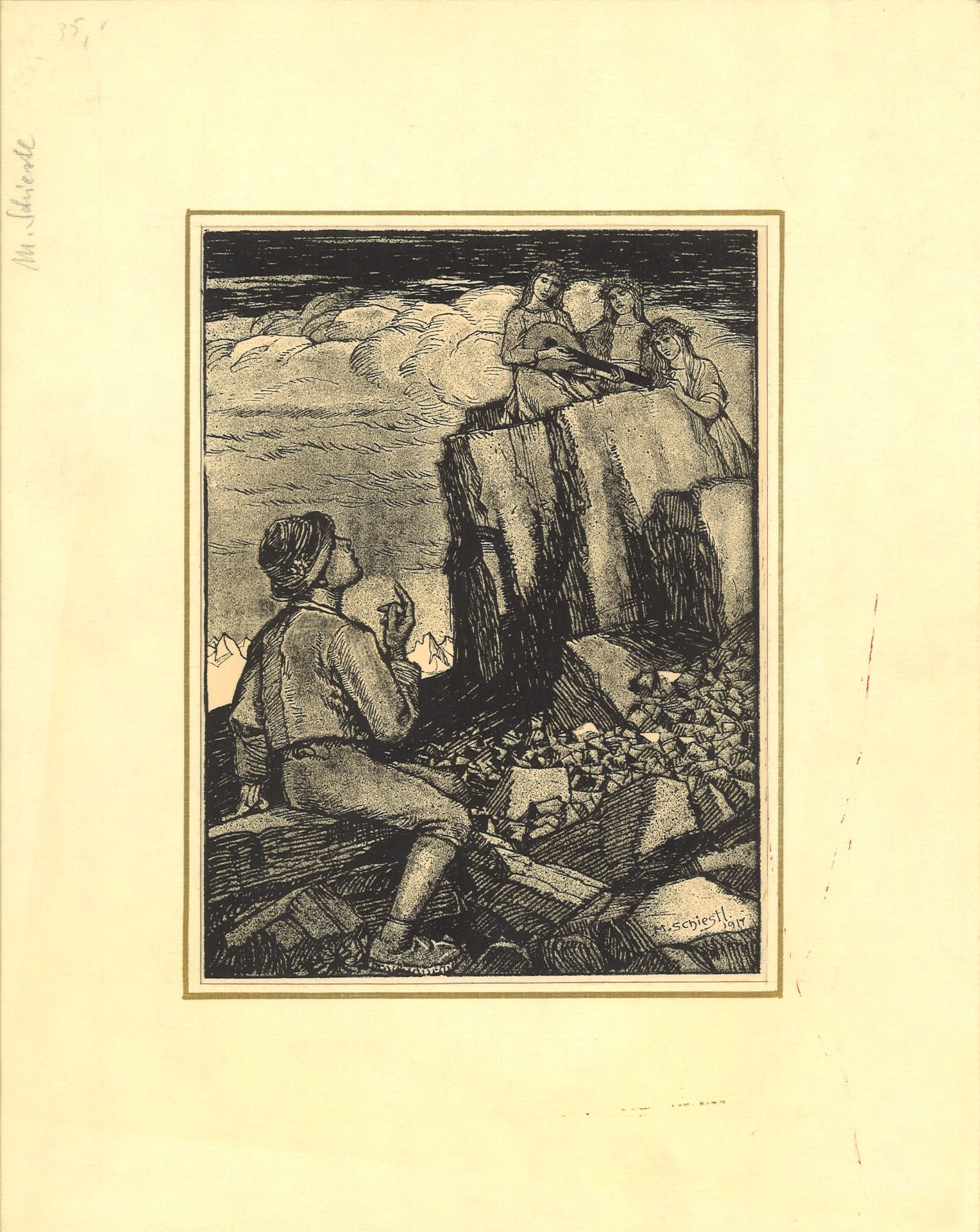 Matthäus Schiestl (1869-1939), Lithographie Signatur M. Schiestl 1917 "In den Bergen". Blattgröße: