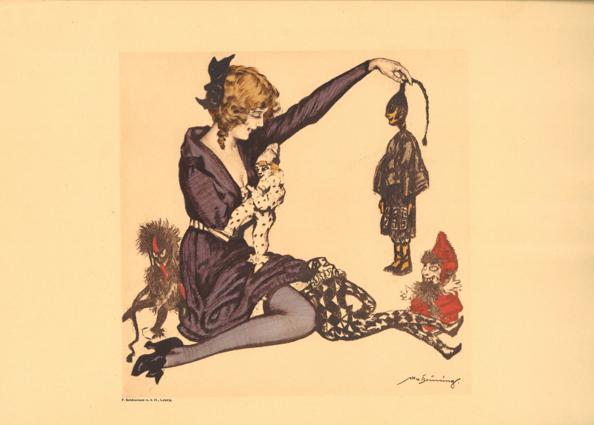 Max Brünning (1887-1968), Farbradierung "Mädchen mit Marionetten". Gesamtmaße des Blattes: Höhe