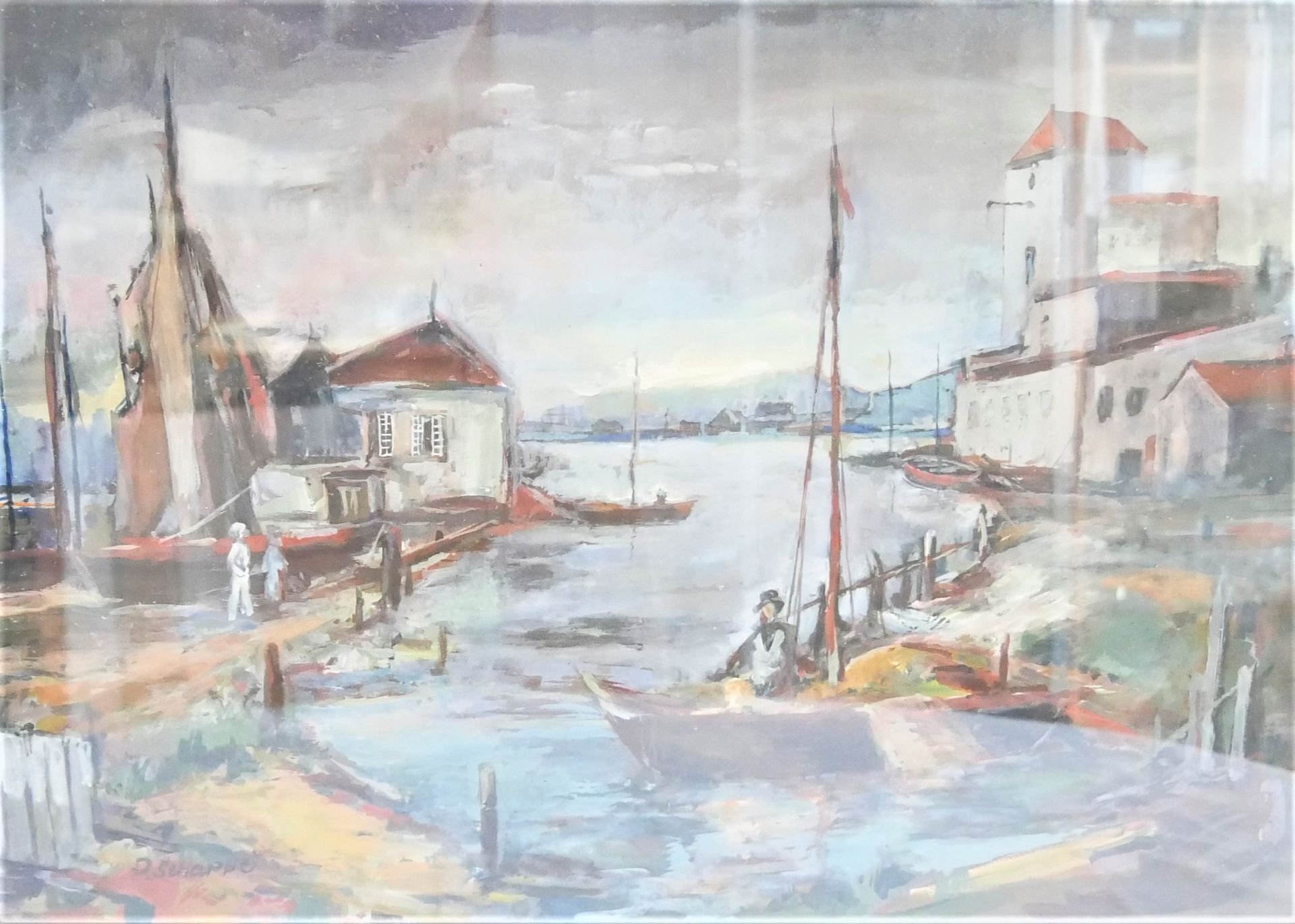 Josef Schappe (1901-), Mischtechnik Papier "Blick in einen Hafen", links unten Signatur, hinter Glas - Bild 2 aus 3