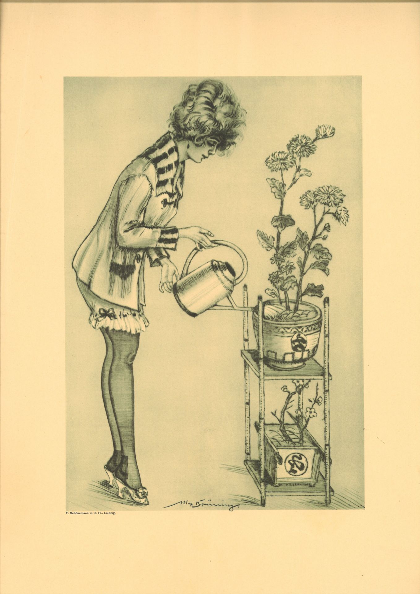 Max Brünning (1887-1968), Farbradierung "Mädchen beim Blumen gießen". Gesamtmaße des Blattes: Höhe