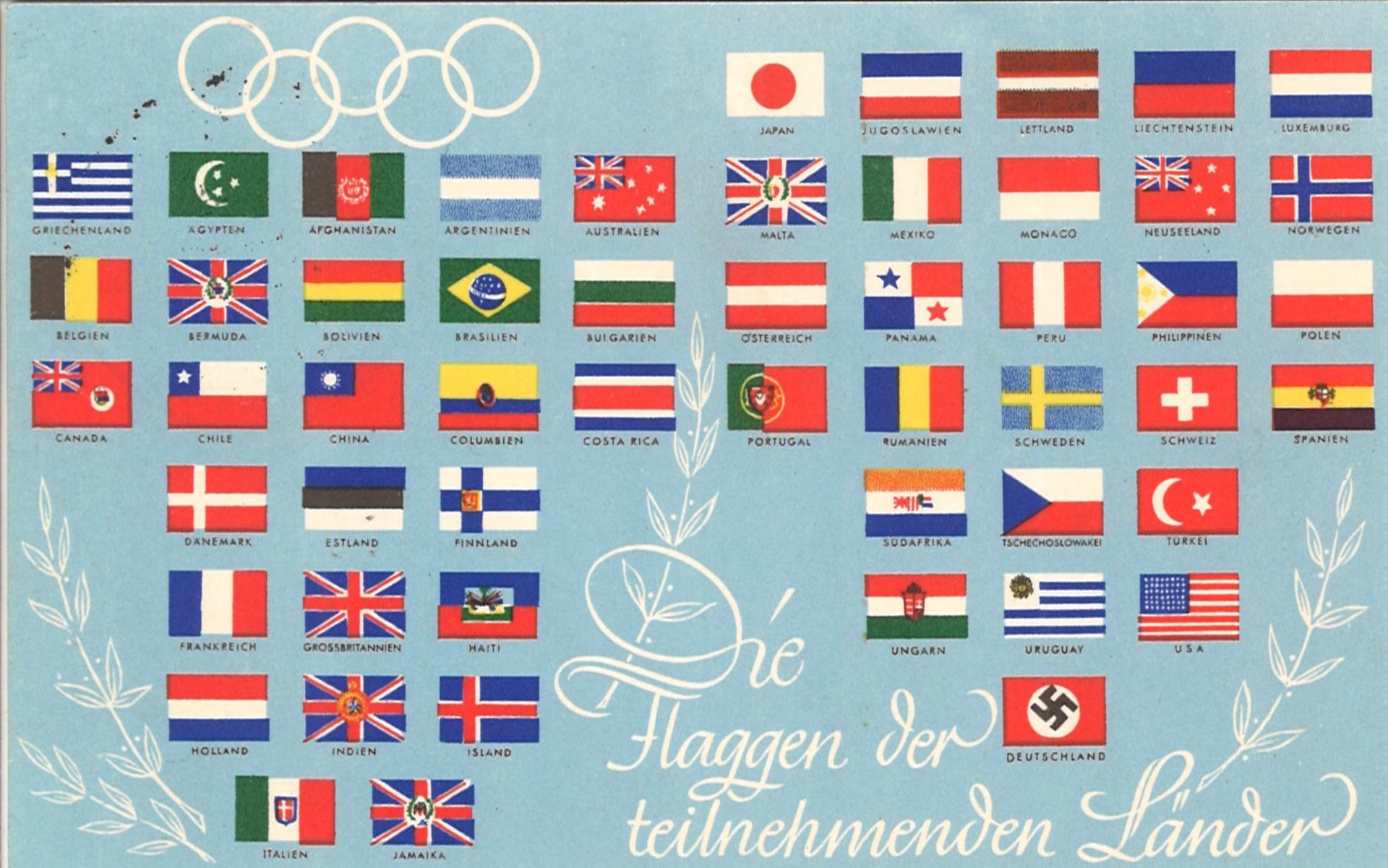 Postkarte mit Sonderstempel, Die Flaggen der teilnehmenden Länder, Schrift in weiß.