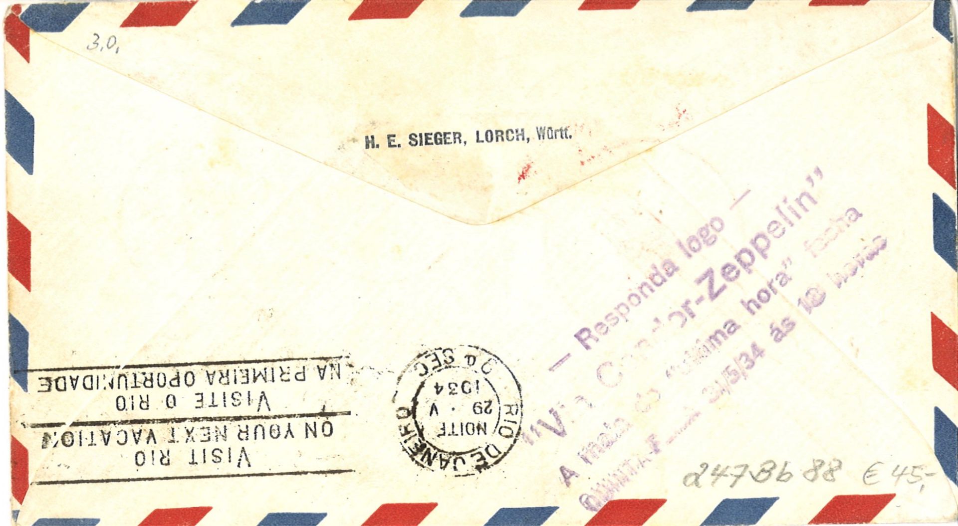 Zeppelinbrief 1. Südamerikafahrt ab Berlin (Anschluss - Flug), frankiert mit Flugpostmarken. - Bild 2 aus 2