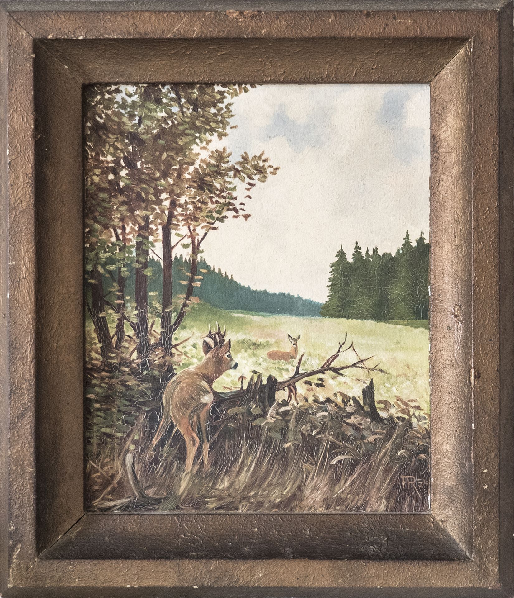 Monogrammist FR 54, "Jagdliche Szene", Öl auf Platte. Maße: ca. 39 cm x ca. 33,5 cm. Holzrahmen.