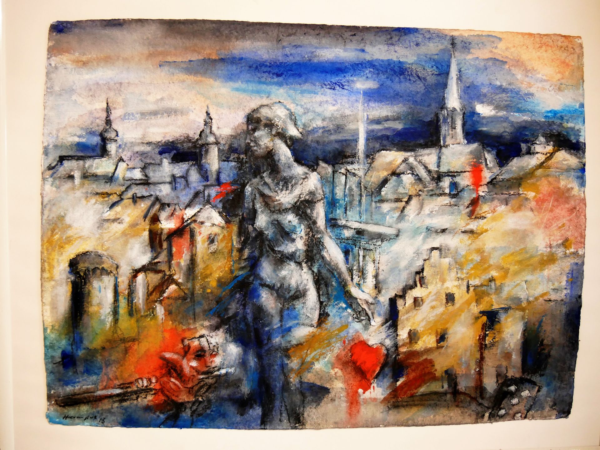 unbekannter Künstler, Aquarell auf Papier. Links unten Signatur. Gesamtmaße: Höhe ca. 95 cm,