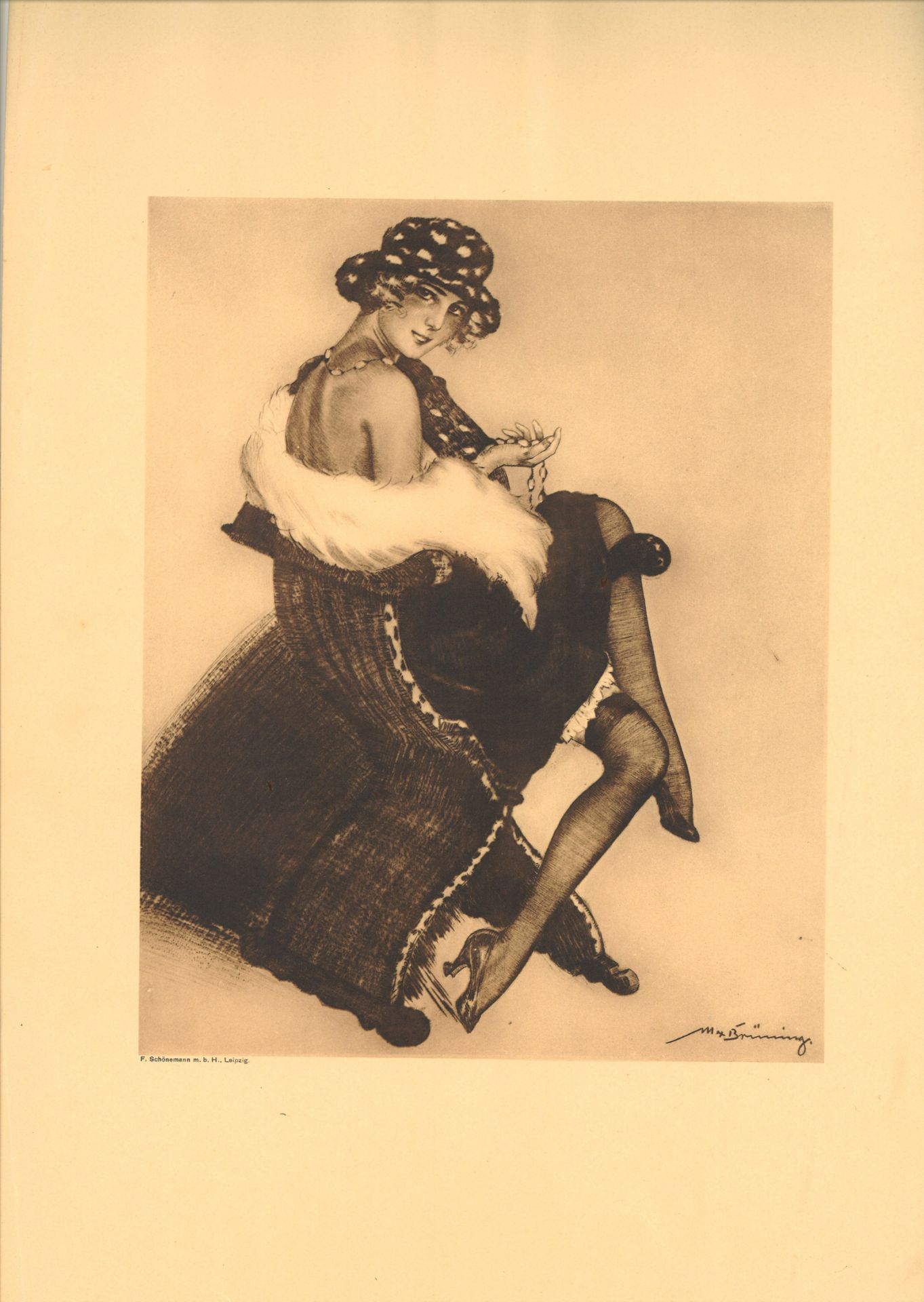 Max Brünning (1887-1968), Farbradierung "Mädchen im Pelz". Gesamtmaße des Blattes: Höhe ca. 48 cm,