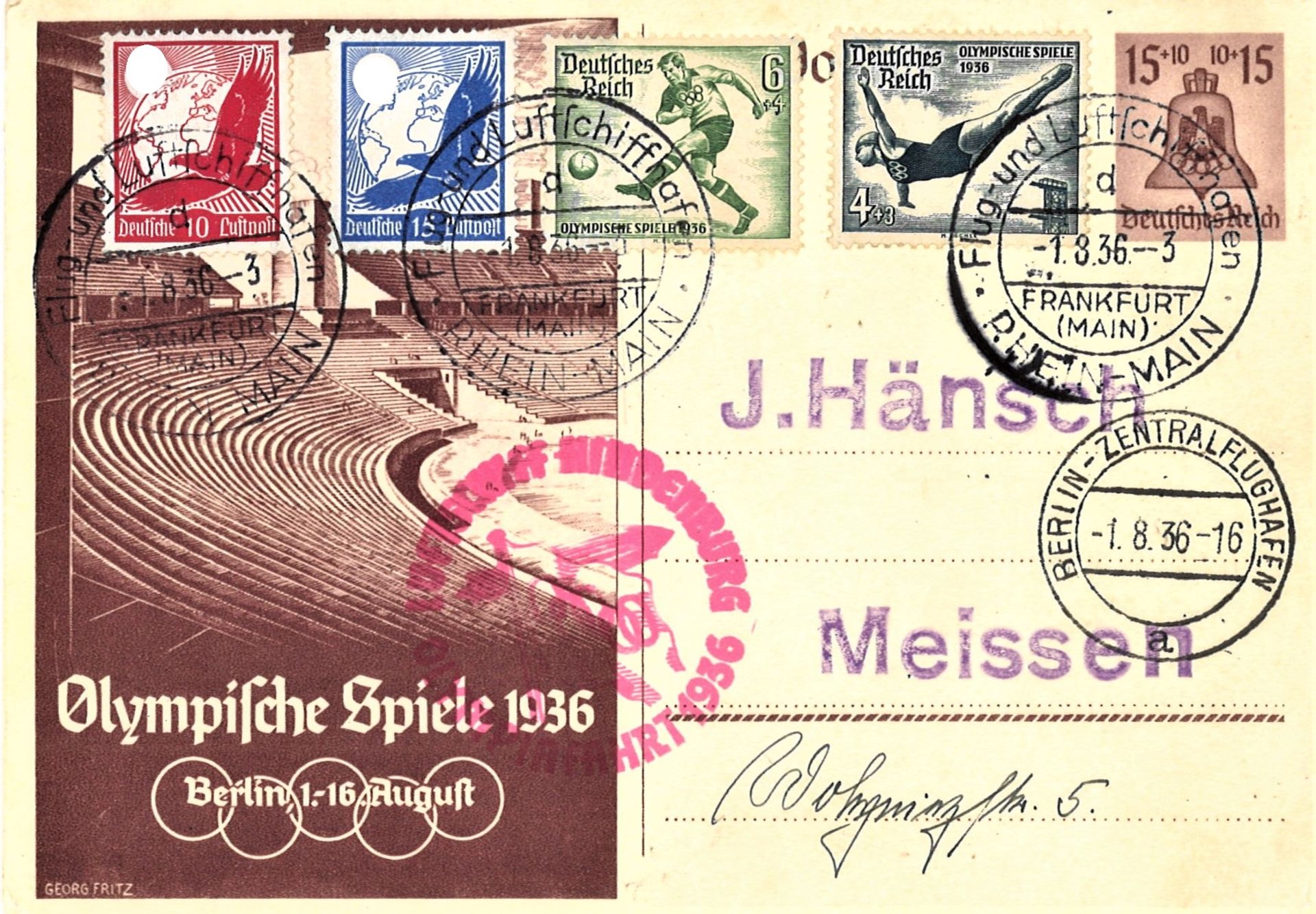 Olympiafahrt GA 15 Pfg. mit MiF 4, 6 Pfg. Olympia- und Flugpostmarken, Flugstempel "d" Ank. St. "a".