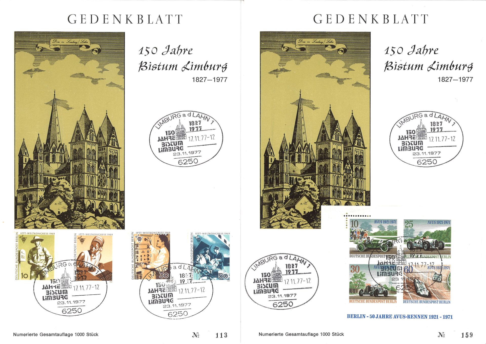 BRD, zwei Gedenkblätter "150 Jahre Bistum Limburg". Auflage nur 1000 Stück.