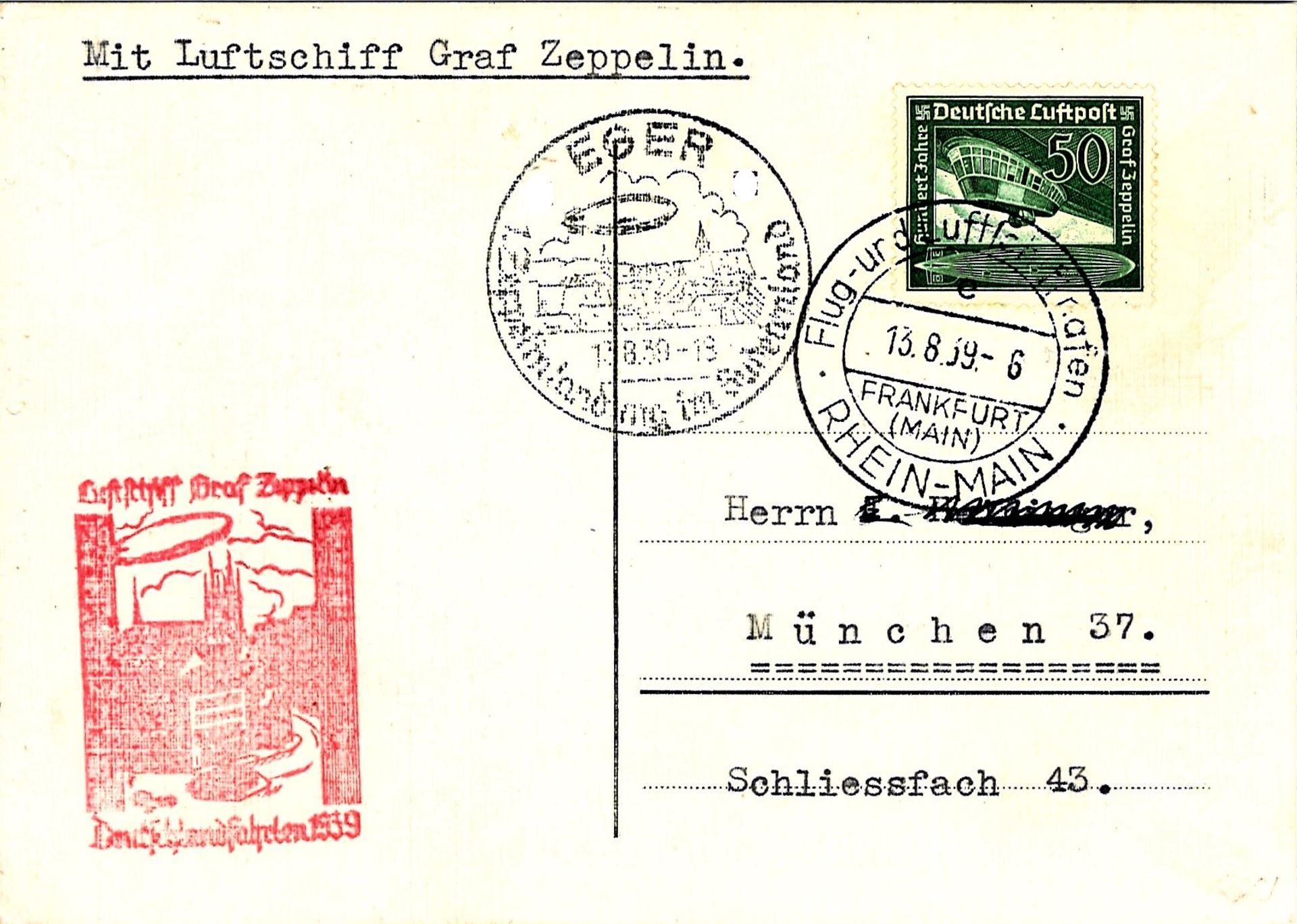 Postkarte Egerfahrt mit Luftschiff LR 130. Mi. - Nr. 670 als EF. Sieger 462.