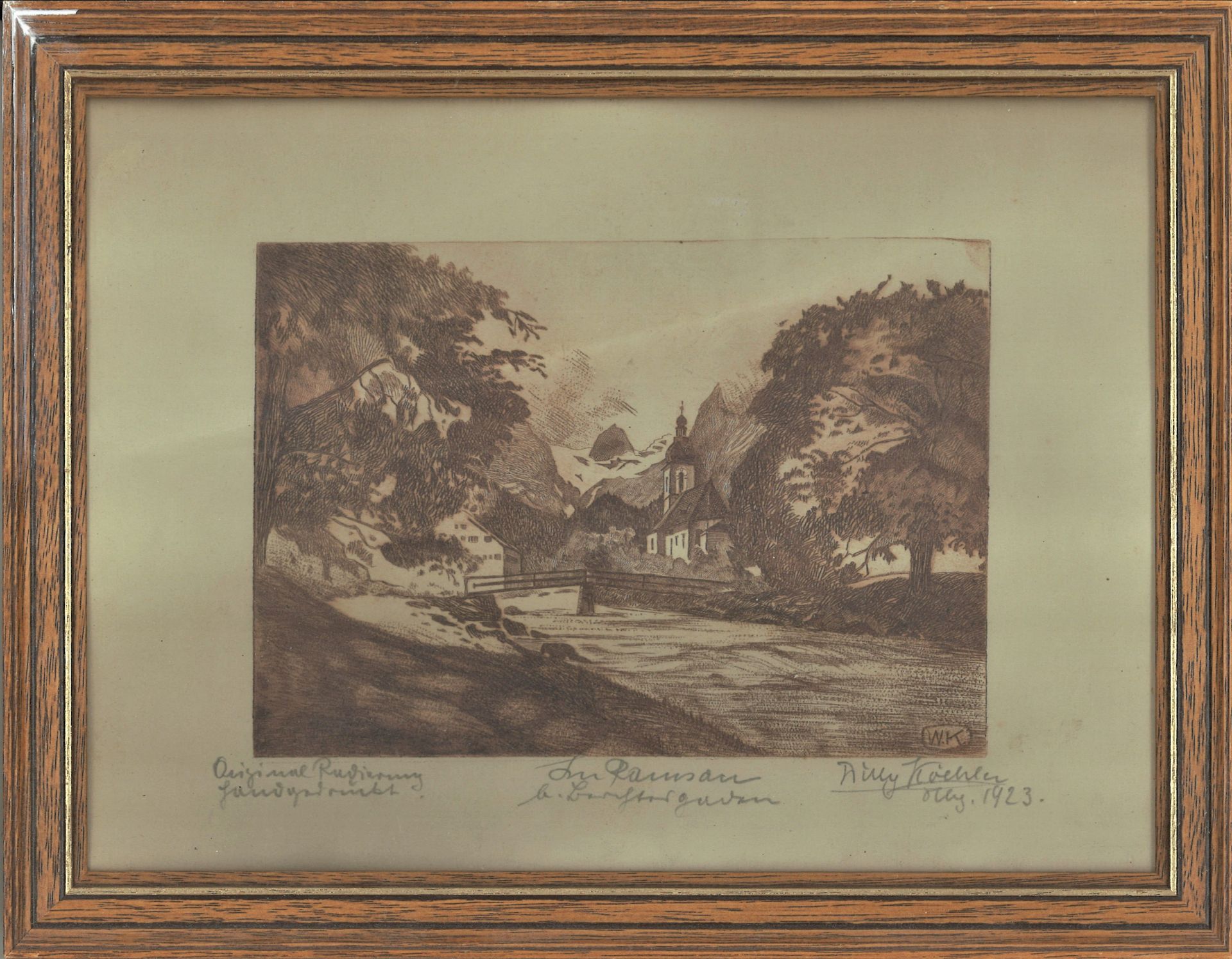 W. Koehler, Original Radierung "Die Ramsau", hinter Glas gerahmt. Rechts unten Signatur. Gesamtmaße: