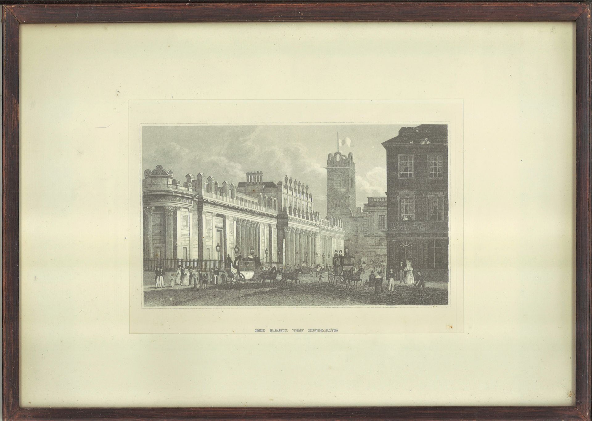Stahlstich "Die Bank von England", Blattgröße: ca. B 18 cm x 12,5 cm, hinter Glas gerahmt,