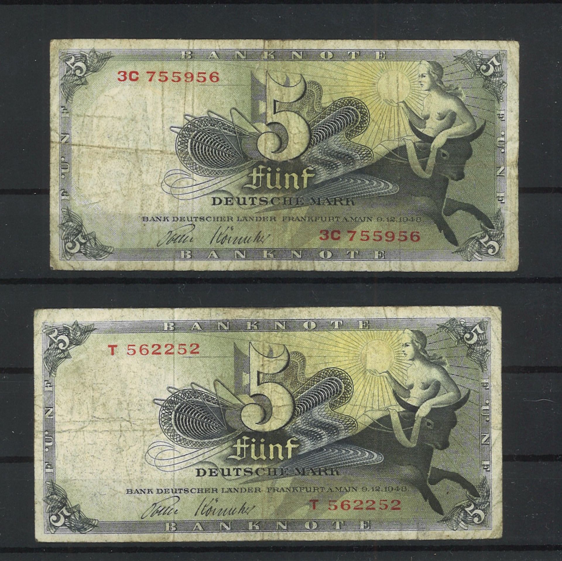 2x Bank deutscher Länder 5 Mark Scheine, 9.12.1948. Zustand stark gebraucht. Bitte besichtigen!