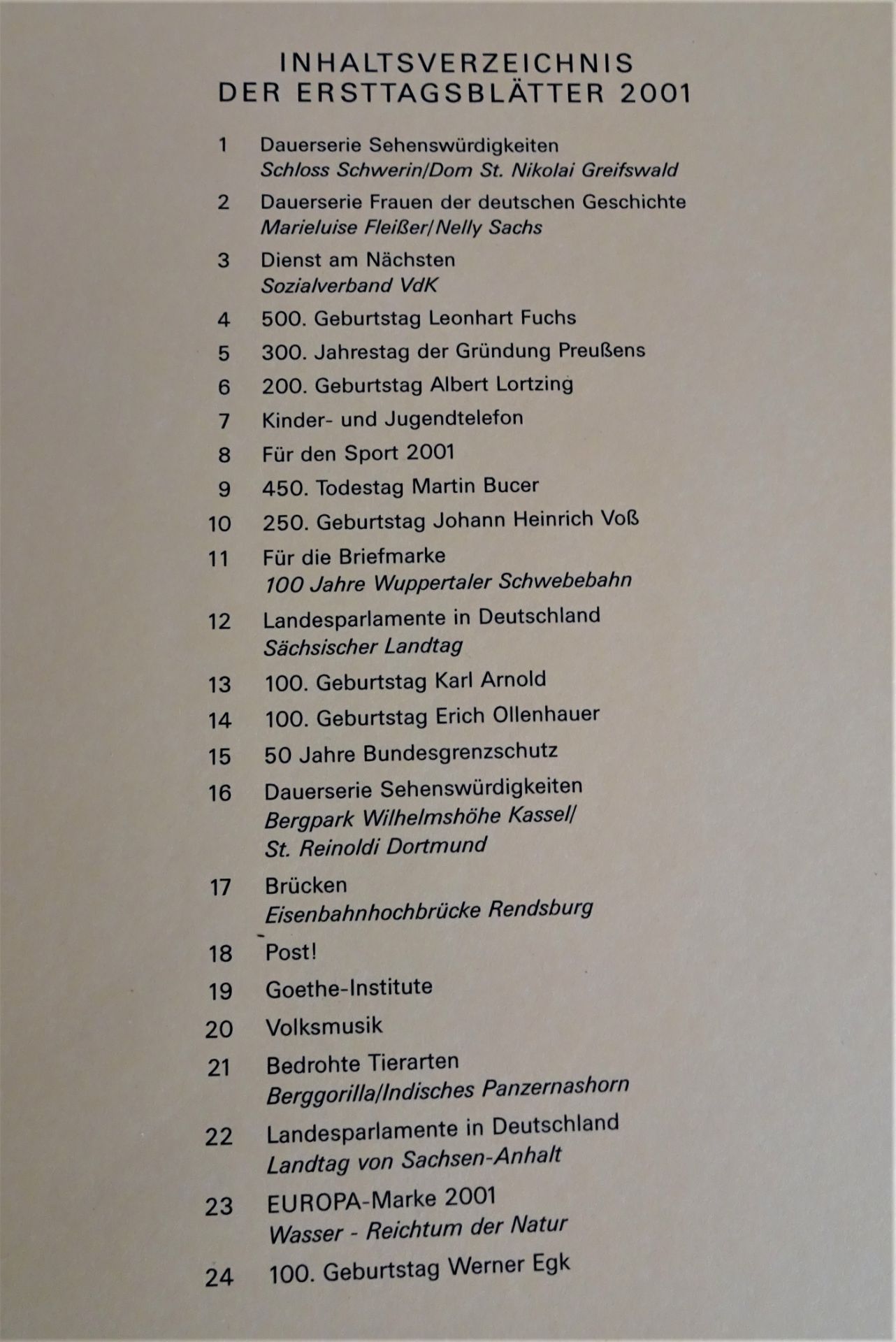 BRD Ersttagsblätter, komplett, Jahrgang 2001. Im SAFE Luxusalbum im Schuber.