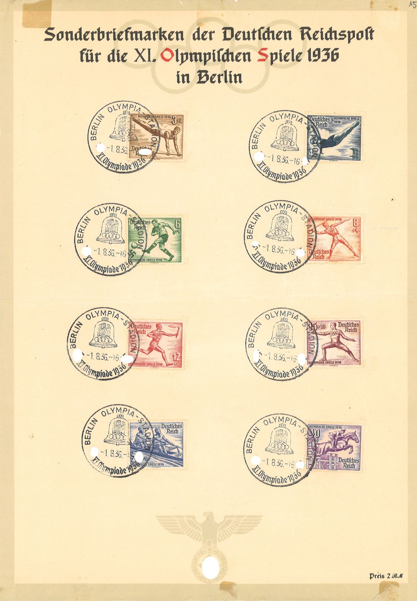 Deutsches Reich, Sonderbriefmarken, Olympiade 1936, Gedenkblatt, II. Wahl, Briefmarken alle in