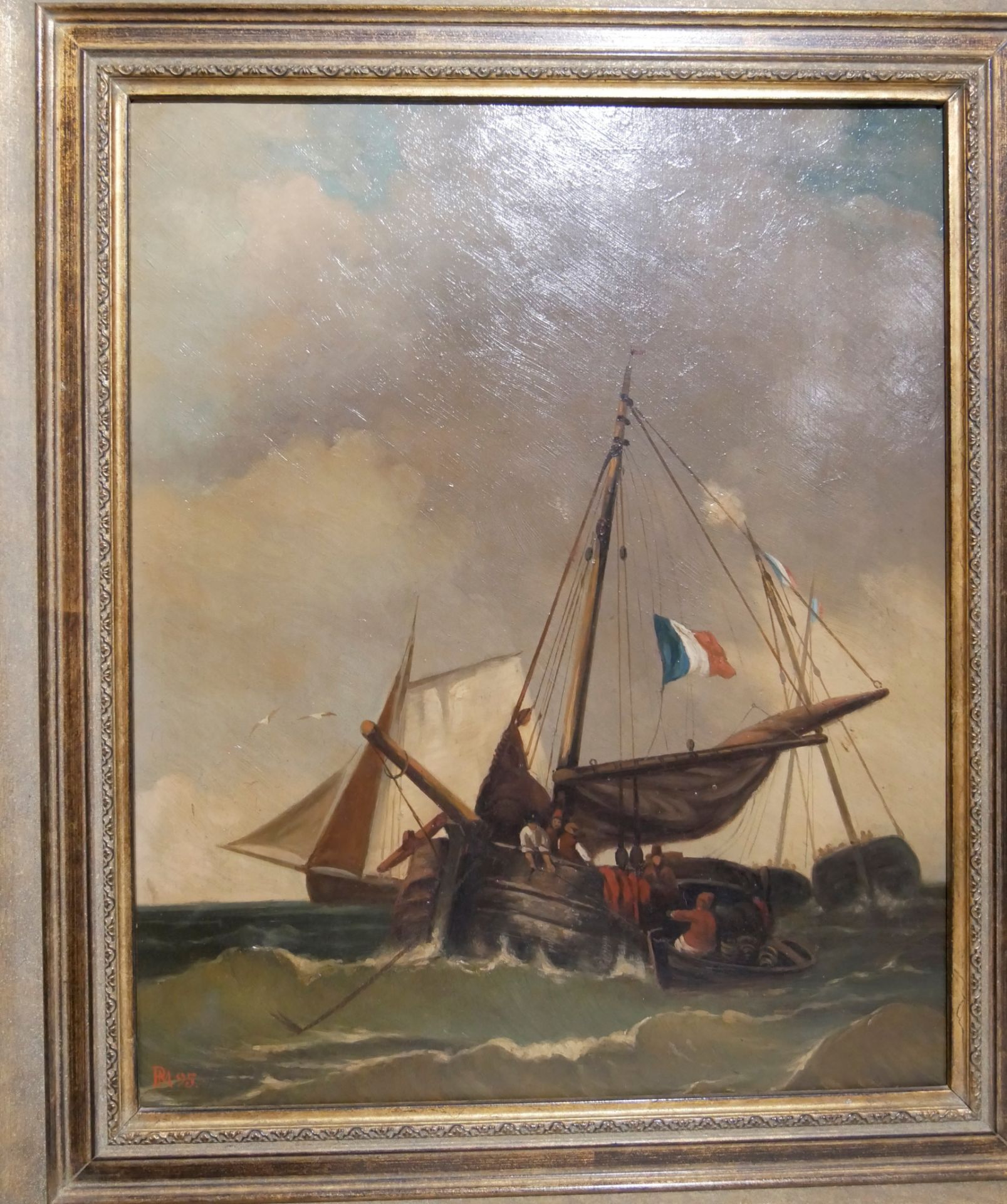Monogrammist PM95, Ölgemälde auf Holzplatte, Frankreich 1895 "Fischerboote an der Küste" im goldenen - Bild 2 aus 3