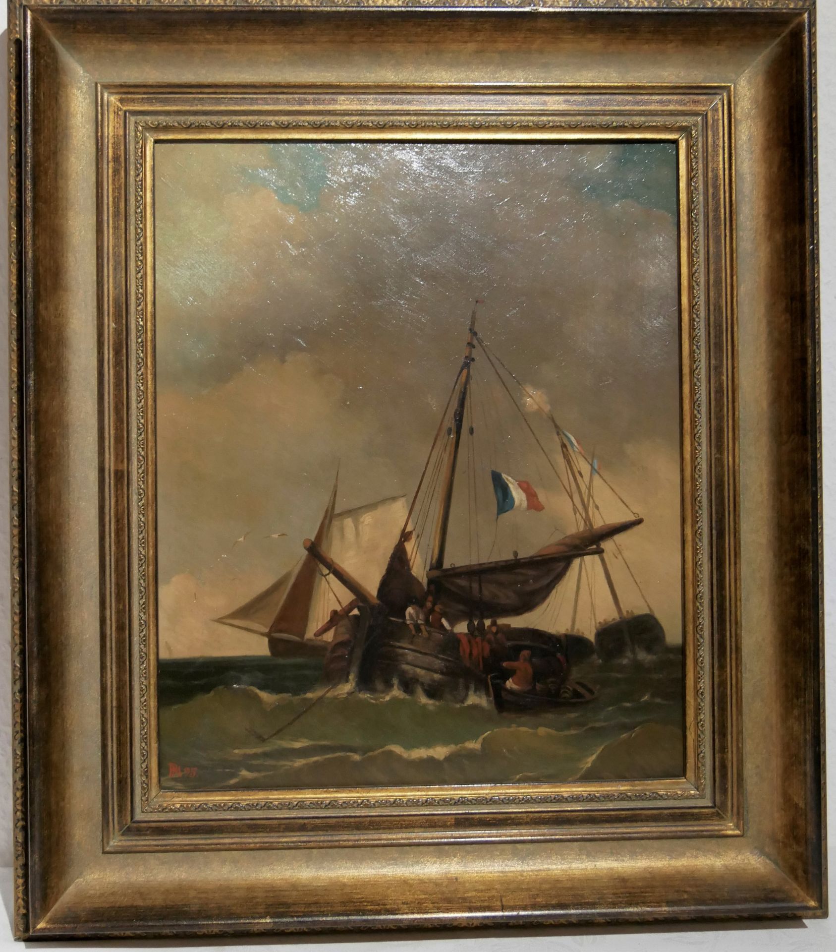Monogrammist PM95, Ölgemälde auf Holzplatte, Frankreich 1895 "Fischerboote an der Küste" im goldenen