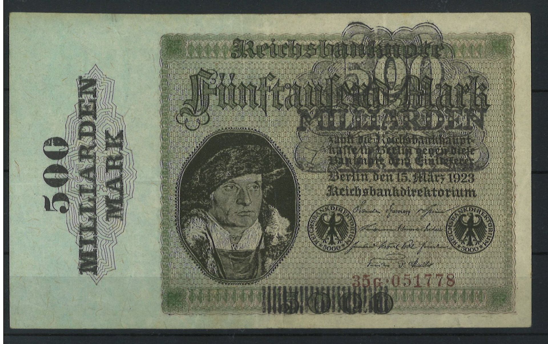 Reichsbanknote Inflation 15.3.1923, "500 Milliaren Mark", Rosenberg 121 b, Erhaltung: gut.