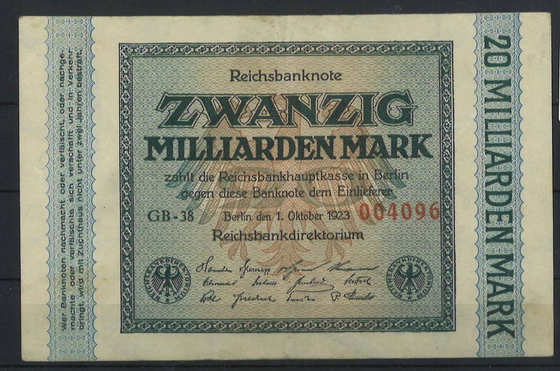 Reichsbanknote Inflation 1.10.1923, "Zwanzig Milliarden Mark", Rosenberg Nr. 115. Erhaltung: gut