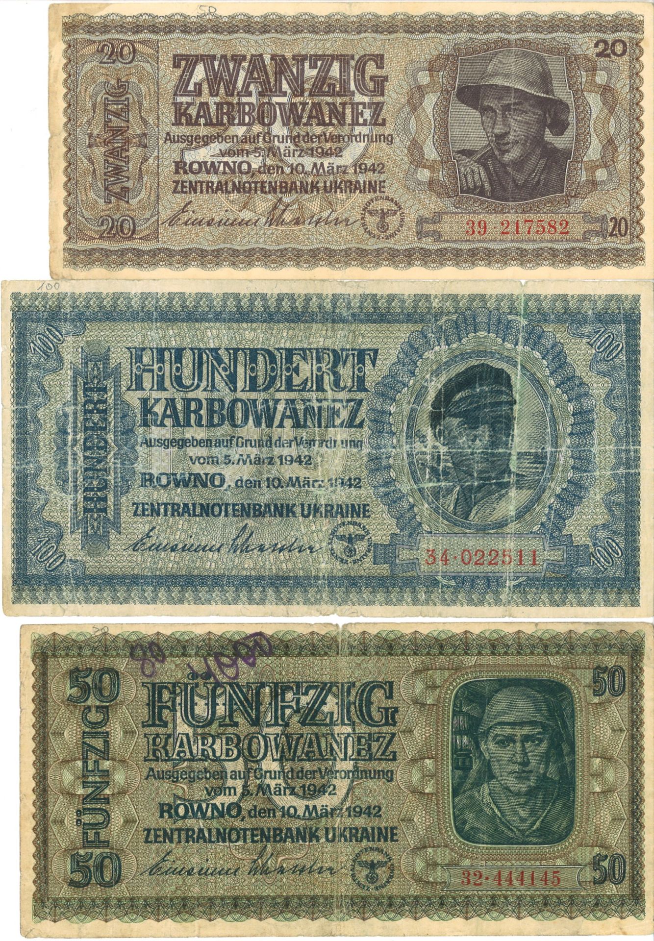 Lot Banknoten Ukraine, Deutsche Besatzung 1942, 100/50/20 Karbowanez, gut bis gebraucht. - Bild 2 aus 2