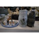 THREE MINTON HADDON HALL CRUETS, CHINESE CORK SCENE UNDER GLASS DOME, MINIATURE ROYAL DOULTON