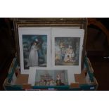 BOX CONTAINING COLLECTION OF ASSORTED COLOURED COUNTRY LIFE PRINTS AND TWO GILTWOOD FRAMES