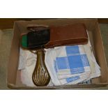 BOX OF ASSORTED LINEN, NAPERY, 19TH CENTURY POWDER FLASK, VINTAGE CAMERA