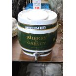 VINTAGE VITREOUS CHINA GREEN GROUND SHERRY BY GARVEY, MEDIUM DRY, BARREL SHAPED DISPENSER WITH WHITE