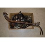 BOX OF ASSORTED HORSE HARNESSES, BRASSWARE, METALWARE, WOODEN AND METAL HARNESS