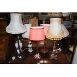 MAHOGANY TABLE LAMP AND SHADE TOGETHER WITH AN ITALIANATE GILTWOOD TABLE LAMP AND SHADE, PAIR OF