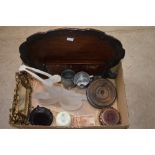 BOX OF ASSORTED ITEMS TO INCLUDE MAHOGANY TRAY, BRASS MIRROR, PEWTER MUGS, HARDWOOD STANDS, ETC