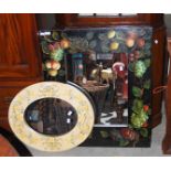 RECTANGULAR WALL MIRROR WITH FRUIT PAINTED BORDER TOGETHER WITH A SIMILAR OVAL WALL MIRROR WITH