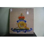 HAND SEWN ROYAL ARTILLERY LOGO, PROBABLY WORLD WAR II PERIOD, UBIQUE, QUO FAS AET GLORIA OUCUNT