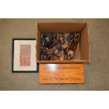 BOX OF ASSORTED ORNAMENTAL OBJECTS, LEATHER CANOE WITH INDIAN FIGURES, CARVED STONE ANIMALS,