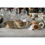 LATE 19TH/ EARLY 20TH CENTURY JAPANESE SATSUMA POTTERY TEA POT AND COVER, TWO TEA BOWLS AND LIBATION