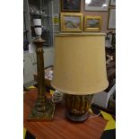 LATE 19TH/ EARLY 20TH CENTURY BRASS TABLE LAMP WITH FLUTED COLUMN AND FOLIATE CAST DETAILS