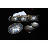 SIAM STERLING SILVER SIX PANELLED BRACELET, MATCHING OVAL BROOCH AND CORRESPONDING PAIR OF OVAL