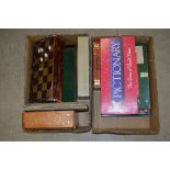 BOX OF ASSORTED GAMES TO INCLUDE LACQUERED FOLDING GAMES BOARD CONTAINING WHITE AND RED STAINED