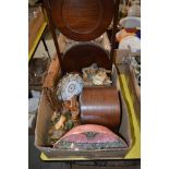 BOX OF ASSORTED ITEMS TO INCLUDE THREE TIER FOLDING CAKE STAND, OAK CASED MANTEL CLOCK, TWO