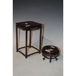 CHINESE DARK WOOD SQUARE SHAPED VASE STAND TOGETHER WITH ANOTHER CHINESE DARK WOOD CIRCULAR VASE