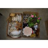 TWO BOXES OF ASSORTED CERAMICS, ORNAMENTAL WARES, ETC