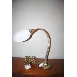 MID 20TH CENTURY BRASS DESK LAMP WITH SHELL SHAPED SHADE ON ADJUSTABLE COLUMN