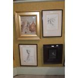 GROUP OF FOUR PICTURES TO INCLUDE TWO ETCHINGS BY ALPHONSE LEGROS, WATERCOLOUR OF A STREET SCENE