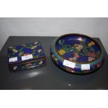 CHINESE BLUE GROUND CLOISONNE BOWL DECORATED WITH PEONY, TOGETHER WITH A CHINESE BLUE GROUND