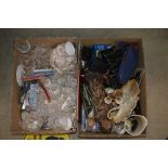 TWO BOXES OF ASSORTED HOUSEHOLD GOODS, CERAMICS, GLASS, ORNAMENTAL WARES, ETC