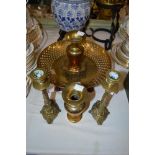 COLLECTION OF BRASSWARE TO INCLUDE A PIERCED BRASS CIRCULAR DISH, PAIR OF INDIAN BRASS VASES, PAIR