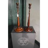 PAIR OF STAINED BEECH THISTLE FORM CANDLE STICKS WITH DETACHABLE BRASS SCONCES