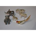 SILVER AND COLOURED ENAMEL ORNAMENT OF A PARROT, SILVER MODEL OF A HORSE, WHITE METAL DONKEY,