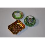 ROYAL CROWN DERBY IMARI PATTERNED RECTANGULAR DISH, A SMALL MALING GREEN LUSTRE DISH AND A GREEN