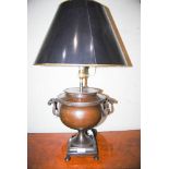 BRONZED TWIN HANDLED SAMOVAR CONVERTED TO A TABLE LAMP WITH SHADE